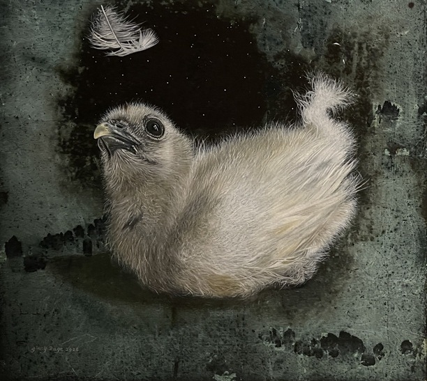 Hope, 2024 – Still life oil painting on patinated copper leaf, 20 x 20 cm – Ginny Page